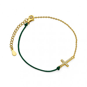 Bratara argint placata cu aur galben cu snur verde si cruciulita cu pietre DiAmanti Z1664BG_DG-DIA (Argint 925‰ 1,1 g.)